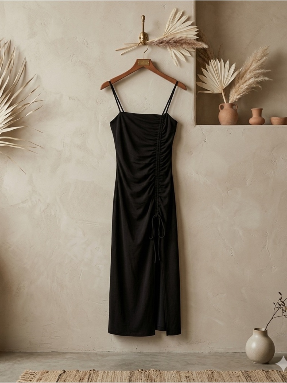 Good American Ruched Maxi Dress Black Side Slit Size 3 L NWT